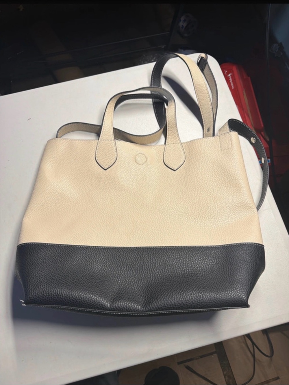 Two-Tone Cream and Black Structured Leather Tote - Picture 6 of 6